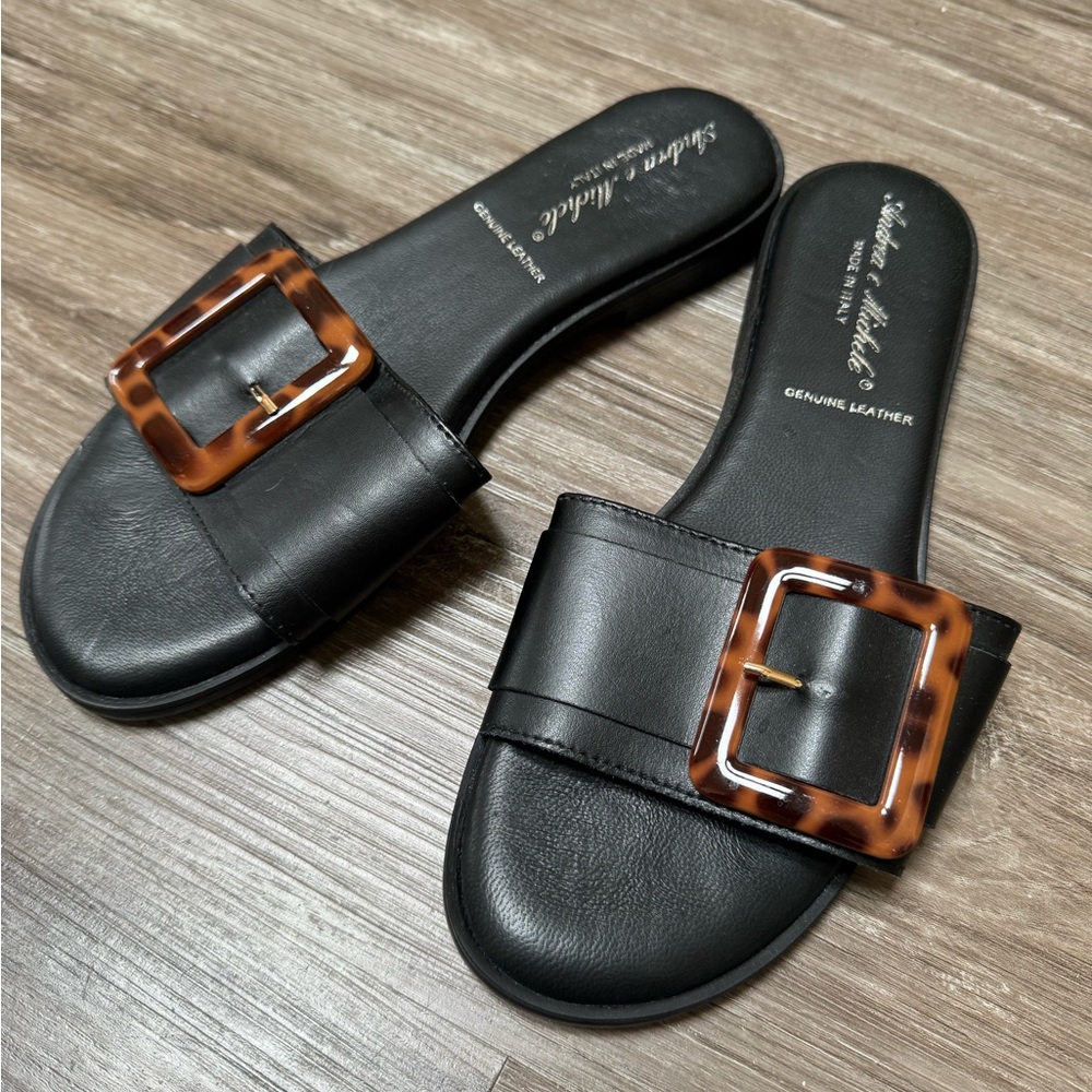Italian Black Leather Slide Sandals with Tortoiseshell Buckle